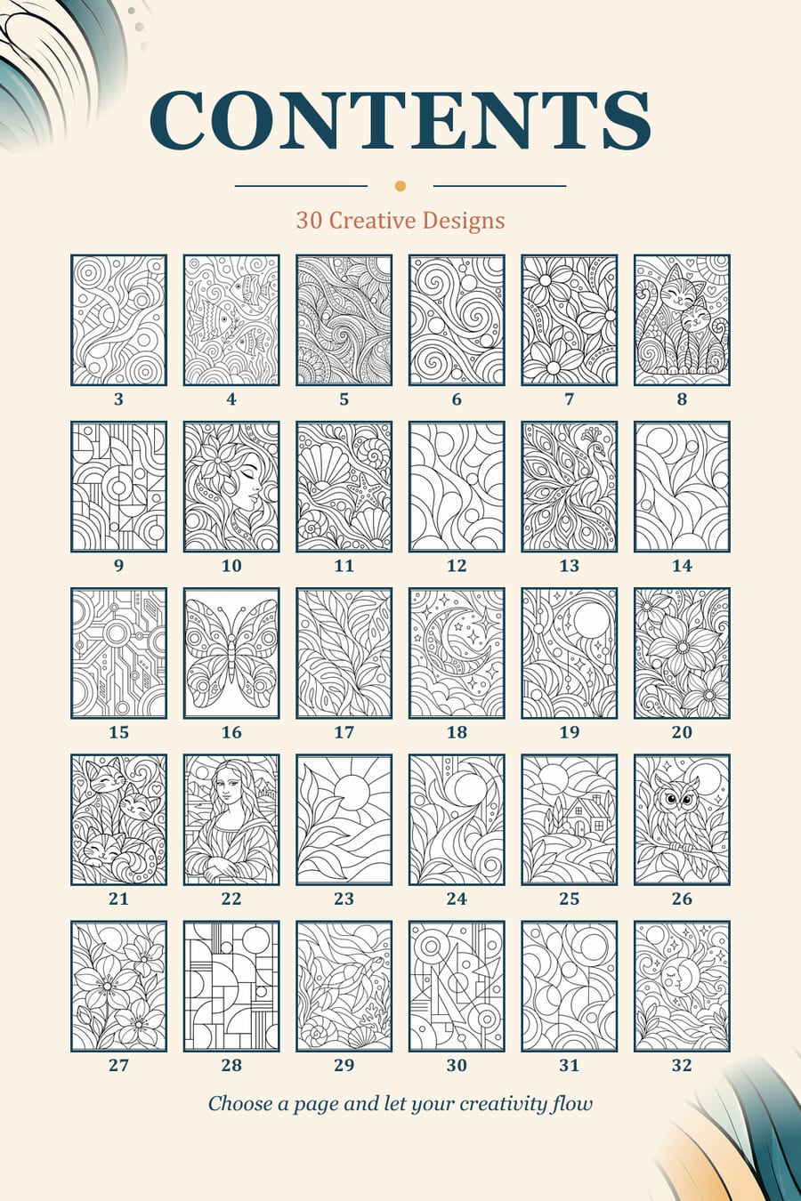 Table of contents showing thumbnails of all 30 abstract coloring pages