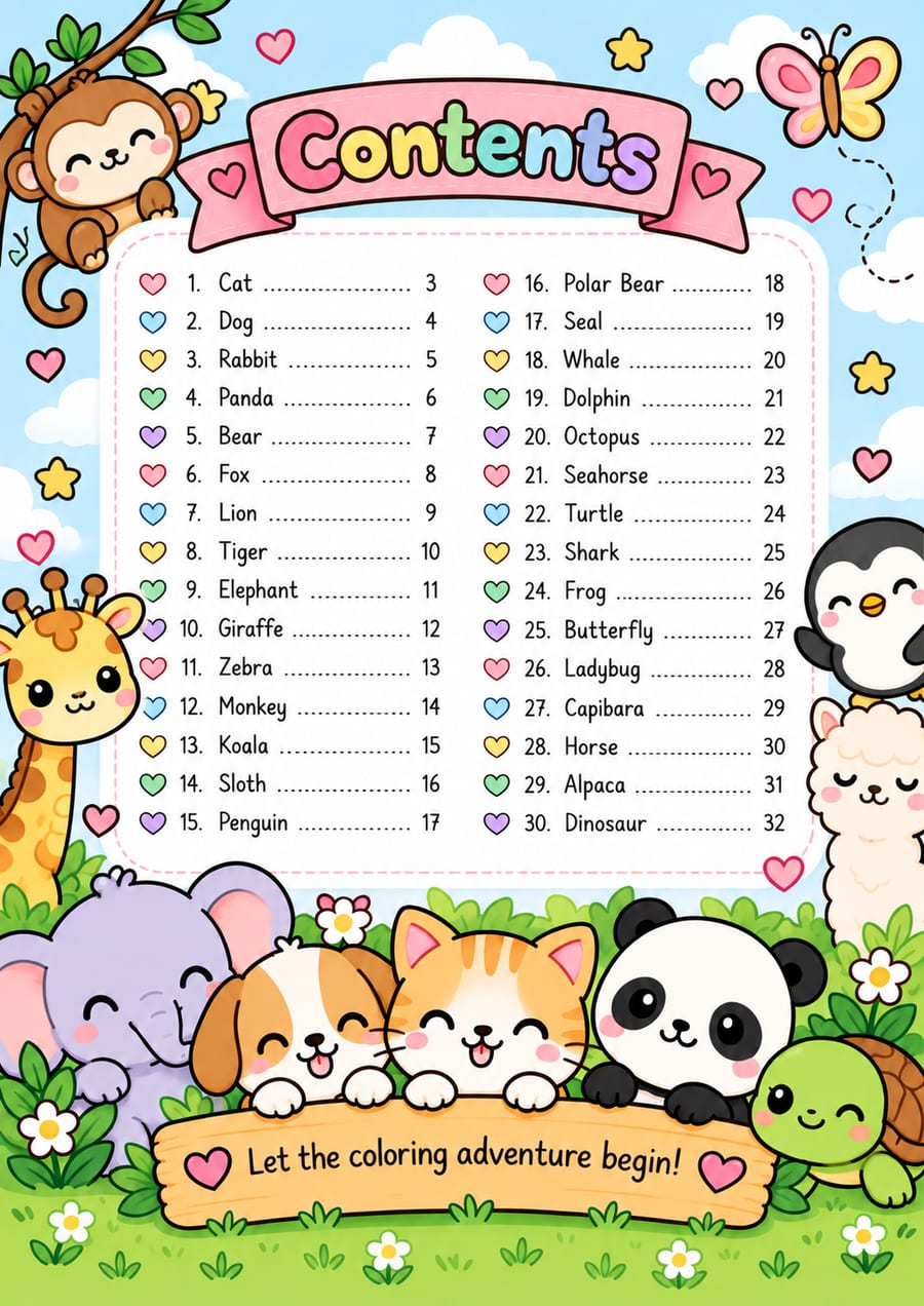 Table of contents listing all 30 kawaii animal coloring pages