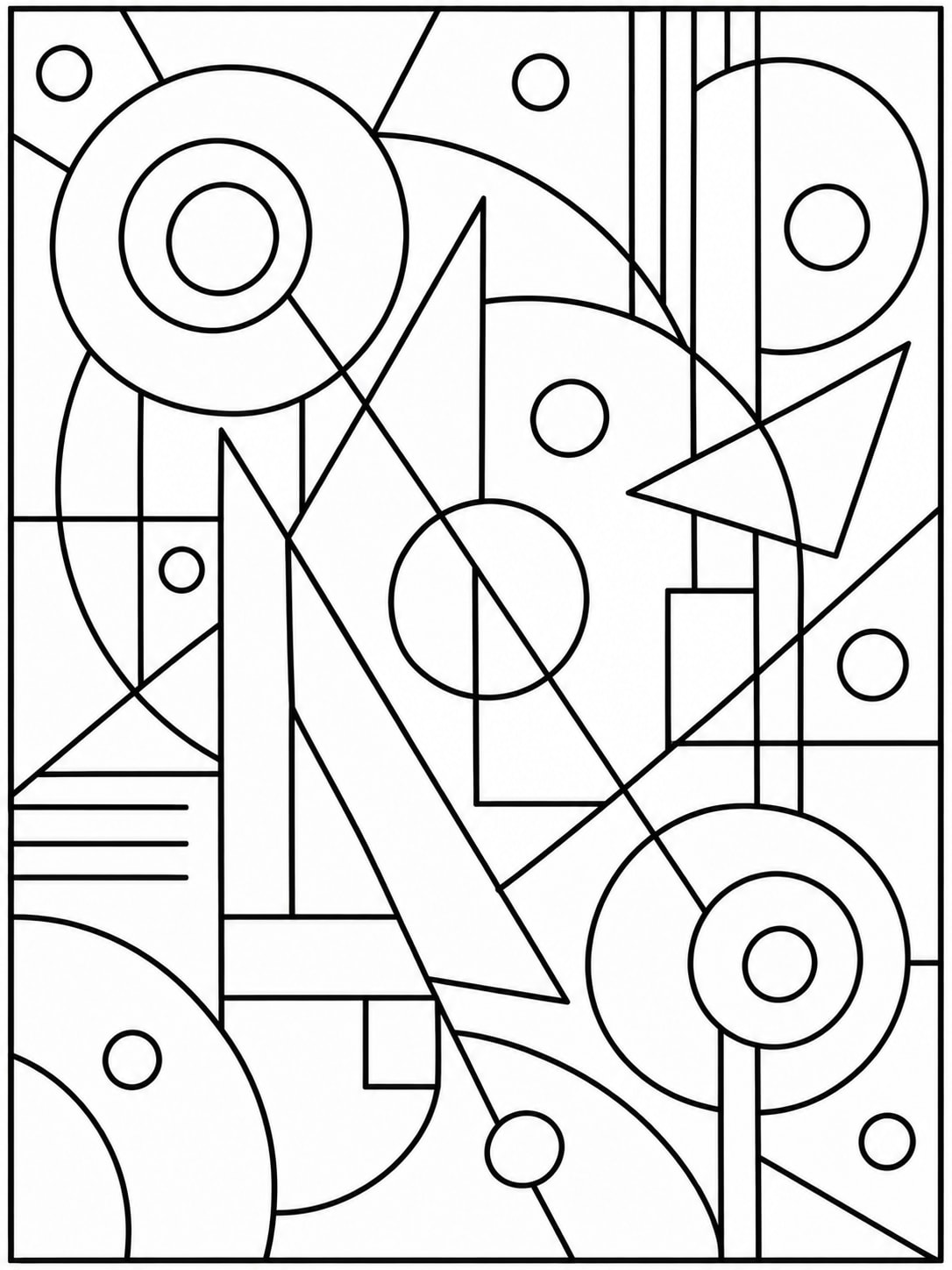 Abstract geometric coloring page with circles, triangles and bold lines