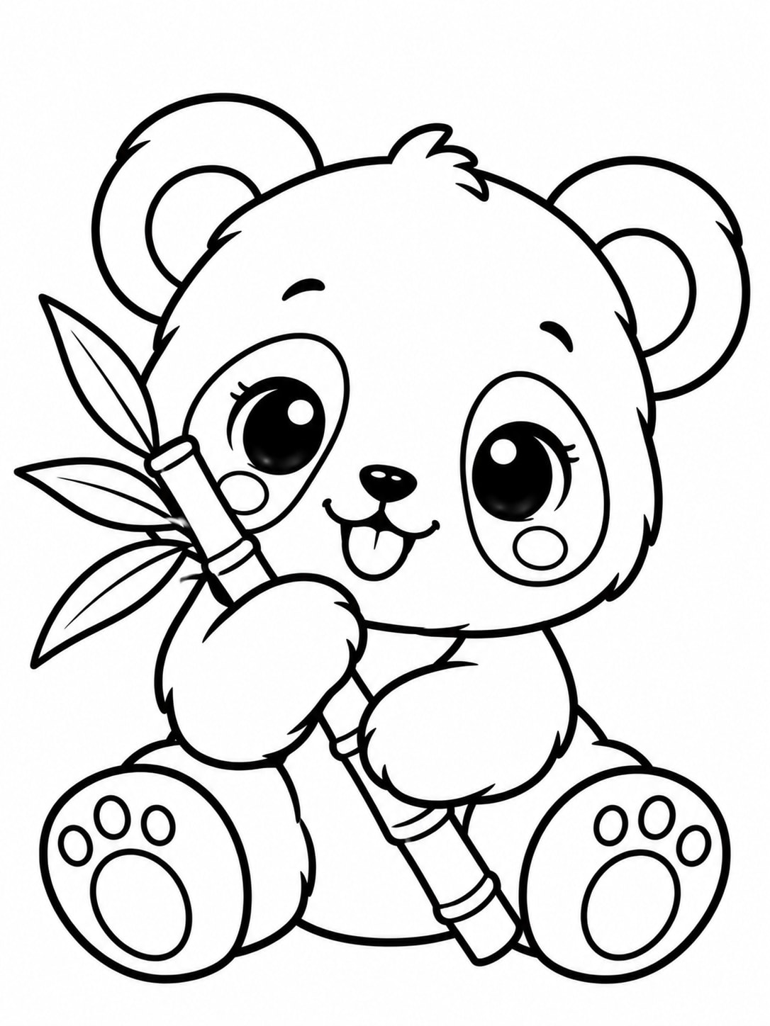 Cute kawaii panda holding bamboo coloring page
