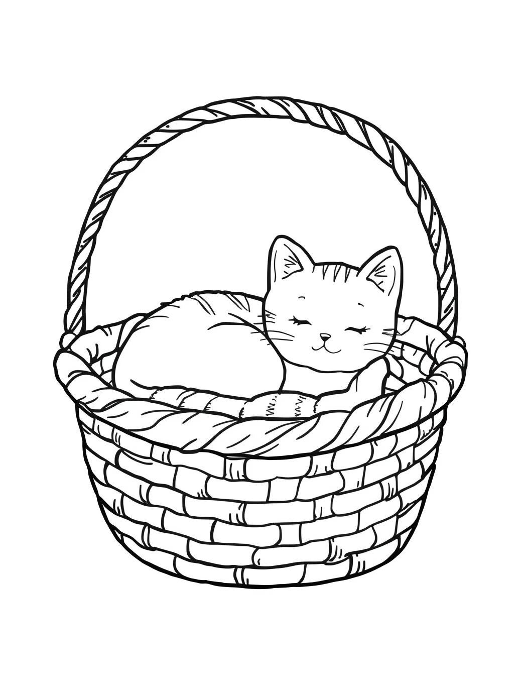 Kleurplaat Kat in mandje: Een tevreden poesje slaapt heerlijk opgekruld in een gevlochten mandje met een hoog gebogen…