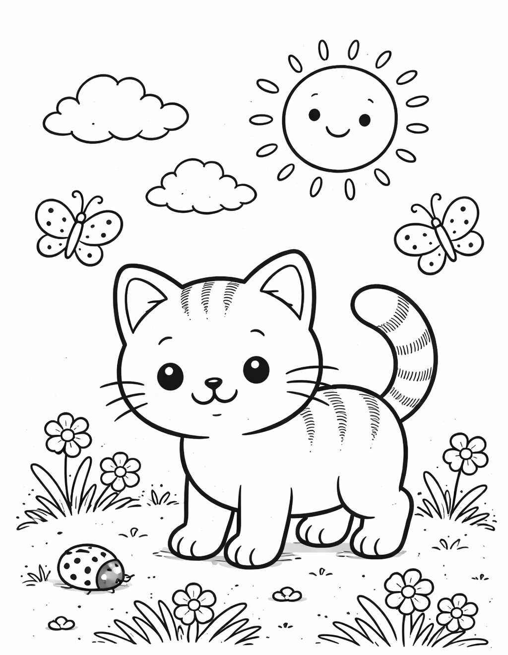 Kleurplaat Schattige kat 2. Een gestreepte kat staat vrolijk in het gras, terwijl een lachende zon met stralen en een paar…