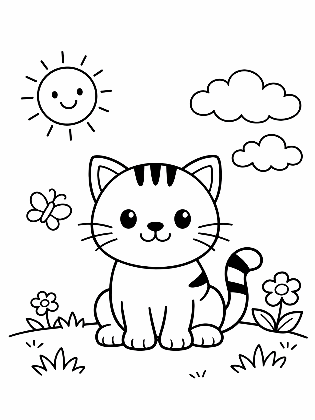 Kleurplaat van een kat buiten in het gras