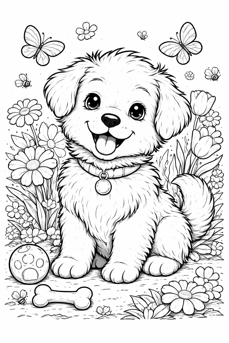 Kleurplaat van een puppy tussen tulpen met een bal en botje