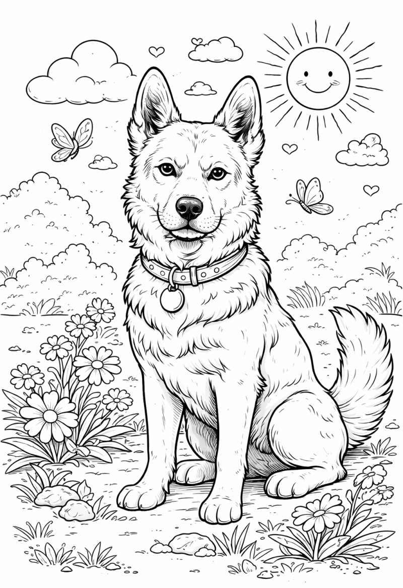 Kleurplaat van een grote hond met gespitste oren in de tuin