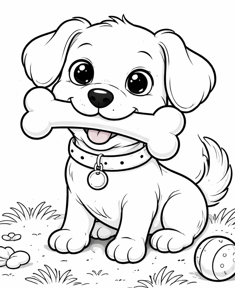Kleurplaat Puppy met bot. Een vrolijke hangoor-puppy met grote glinsterende ogen bijt speels in een groot bot, met een…