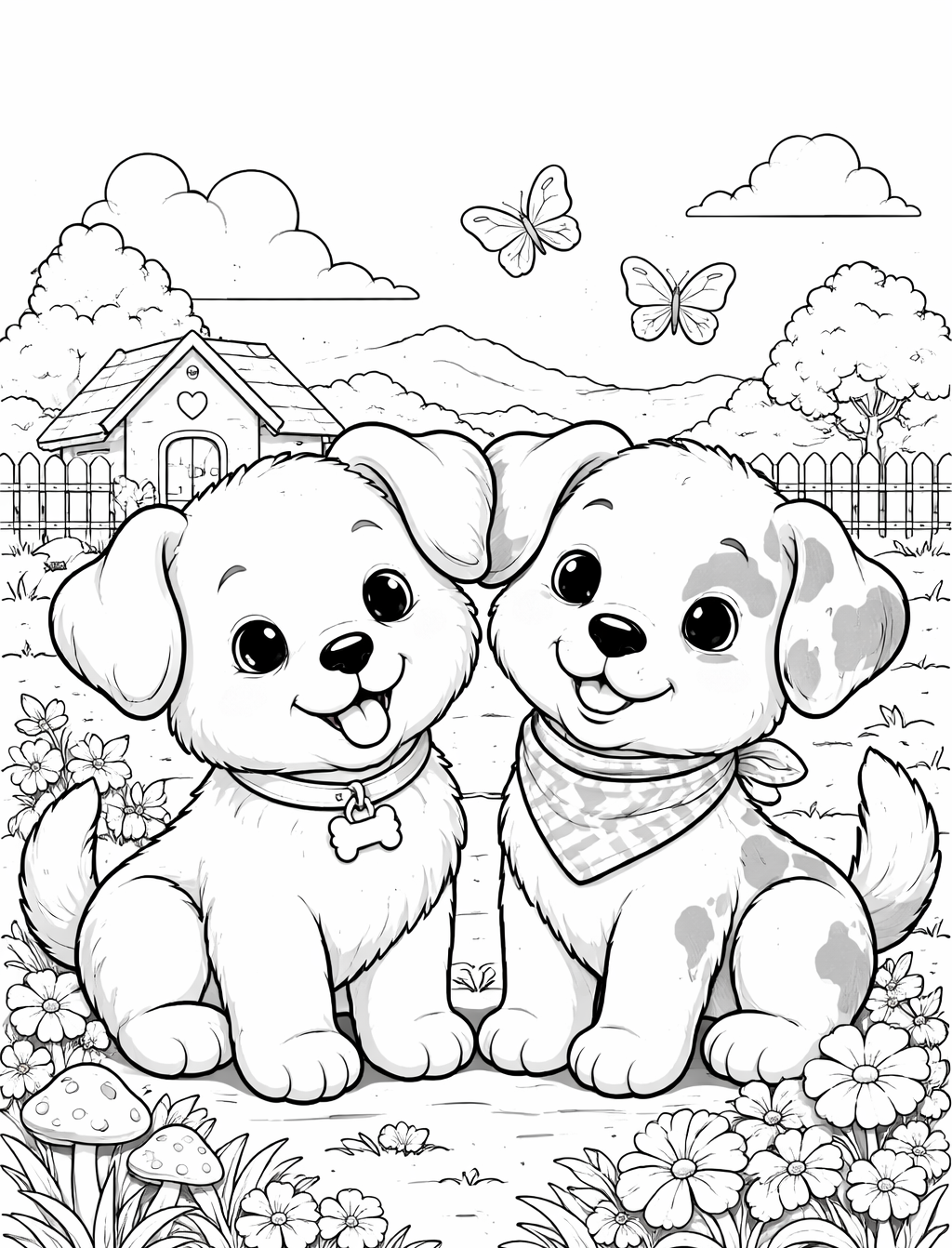 Kleurplaat van twee puppy's naast een hondenhok