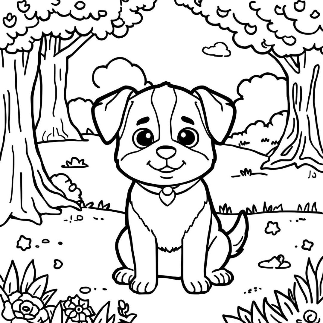 Kleurplaat Hond in het park. Een hond met een hartvormige penning om zijn nek zit rustig tussen twee grote bomen in het…
