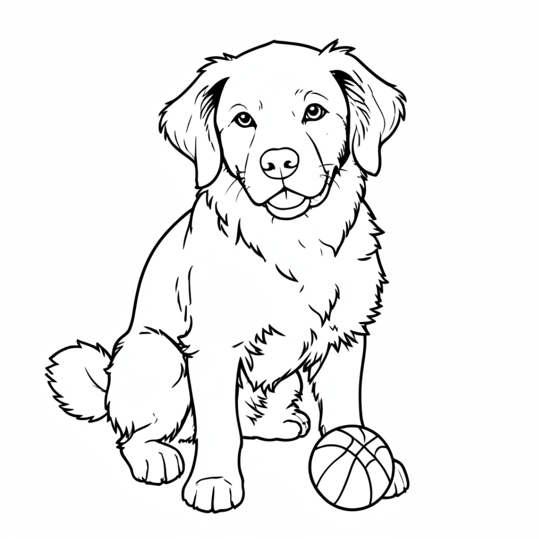 Kleurplaat Hond met bal. Een pluizige hond met hangoren, die veel weg heeft van een golden retriever, zit braaf naast een…
