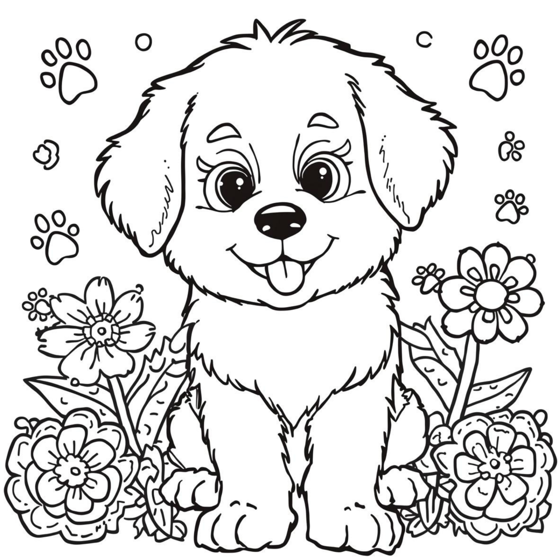Kleurplaat Hond eenvoudig — Een pluizige hangoor-puppy met tong uit de bek en grote glinsterende ogen zit midden in een…