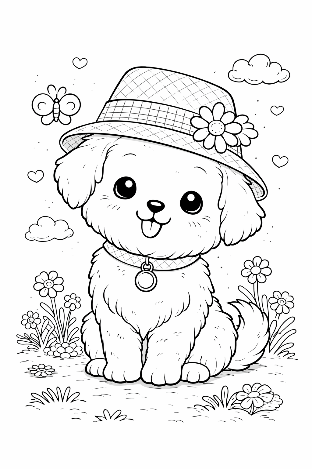 Gratis kleurplaat hond met hoed: Een schattig, pluizig hondje met een tuitende tong draagt een geruite hoed versierd met een…