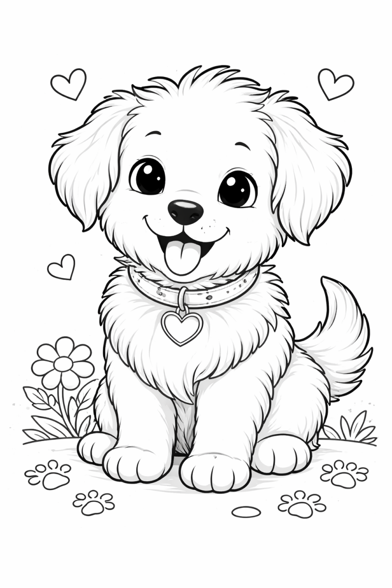 Kleurplaat van een schattige puppy met hartjes
