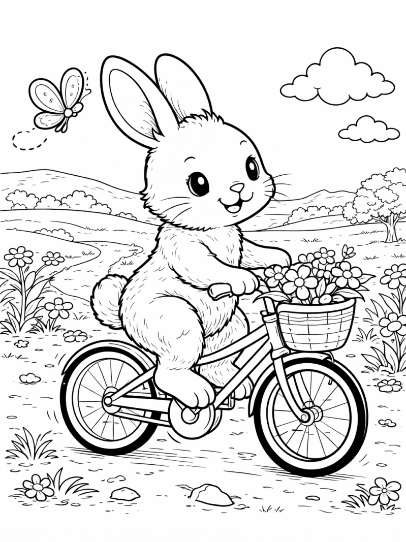 Kleurplaat van een konijn op de fiets