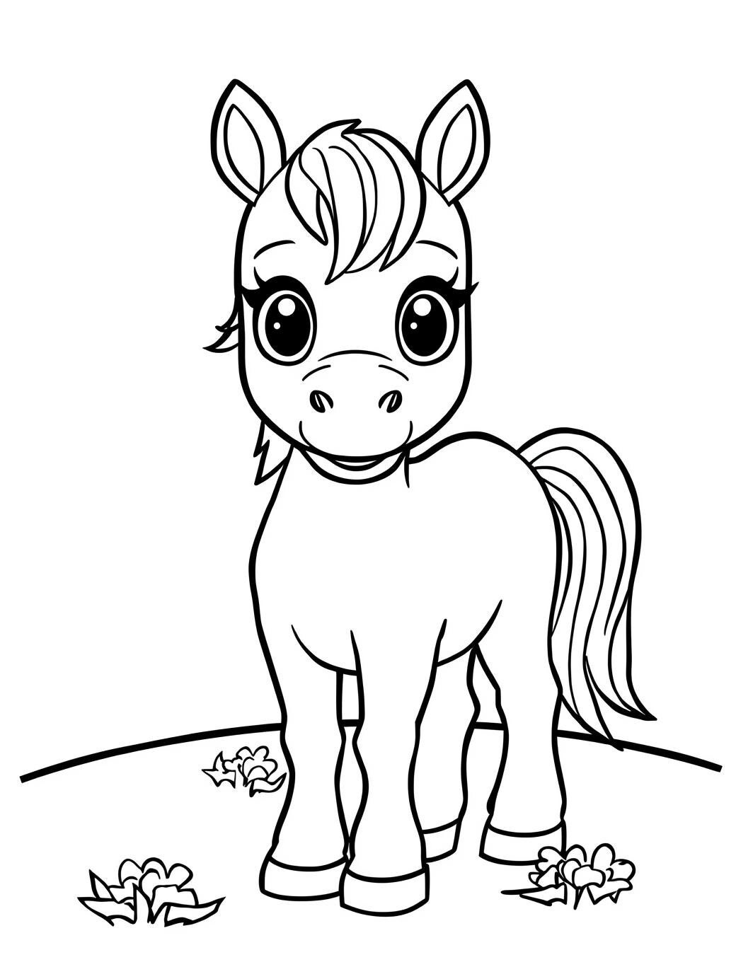 Gratis kleurplaat paard: Een kawaii-pony met enorme, fonkelende ogen en een zijdelingse pony staat frontaal in het gras, met…