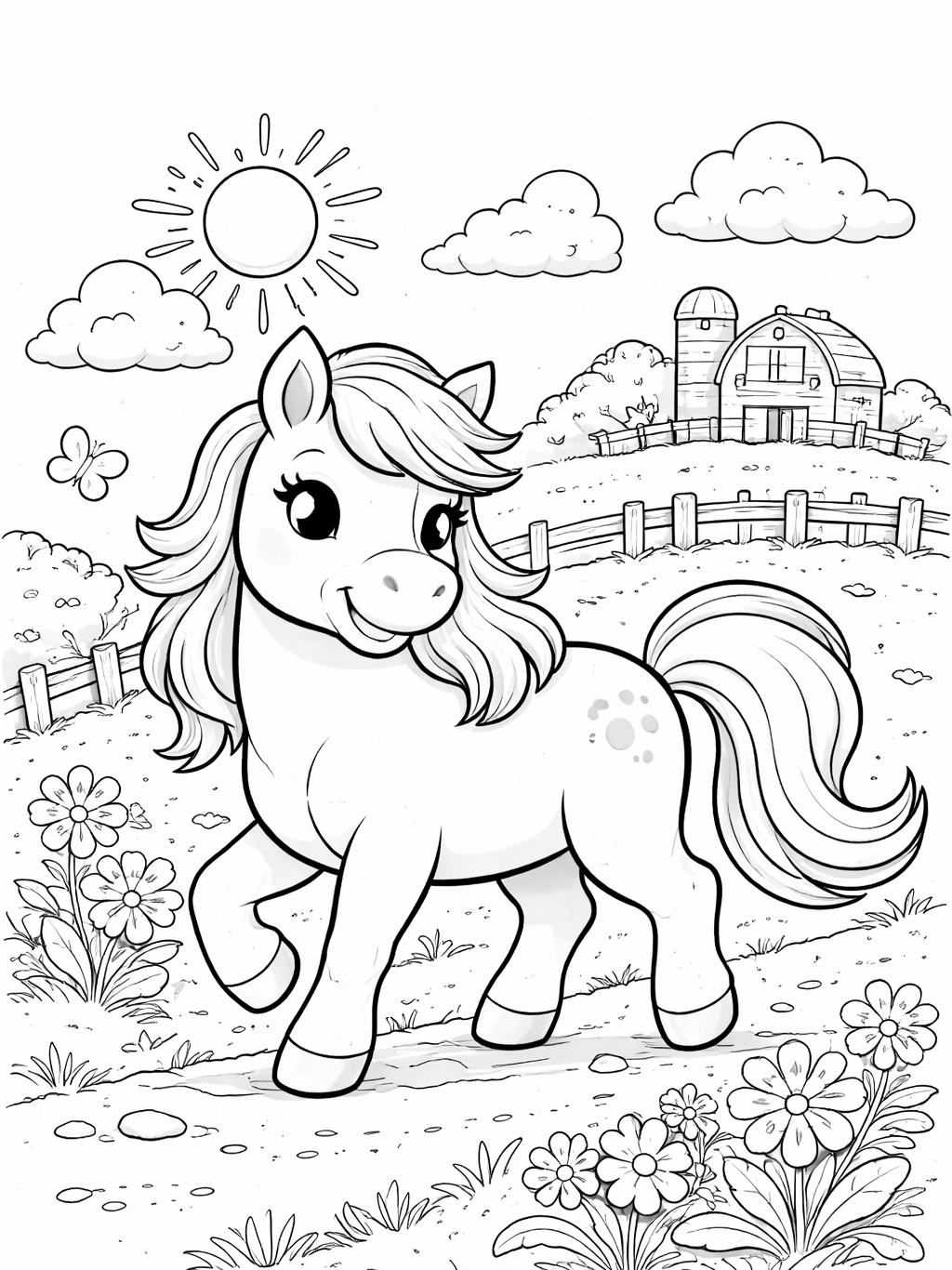 Kleurplaat van een pony die draaft op de boerderij