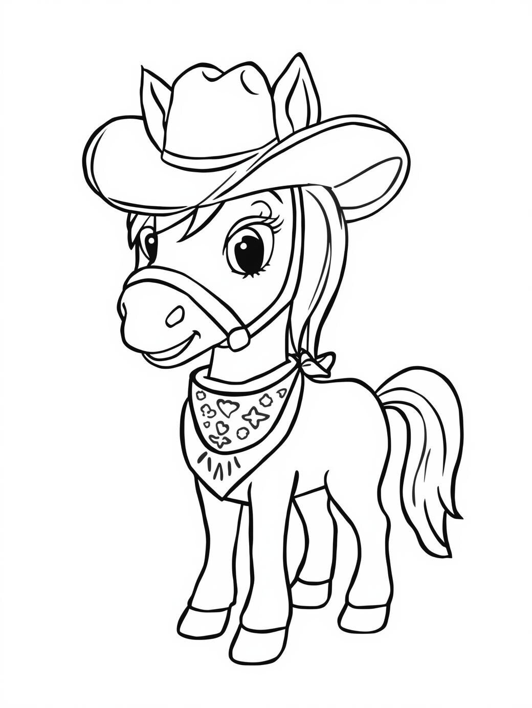 Kleurplaat Paard met cowboy hoed. Een vrolijk ponytje met een grote cowboyhoed op en een bandana met sterretjes en hartjes…