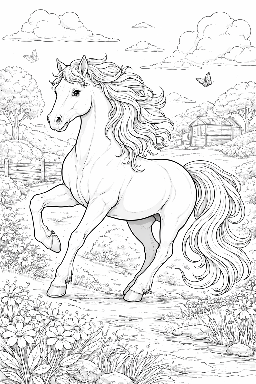 Kleurplaat van een galopperend paard in een weide met bloemen