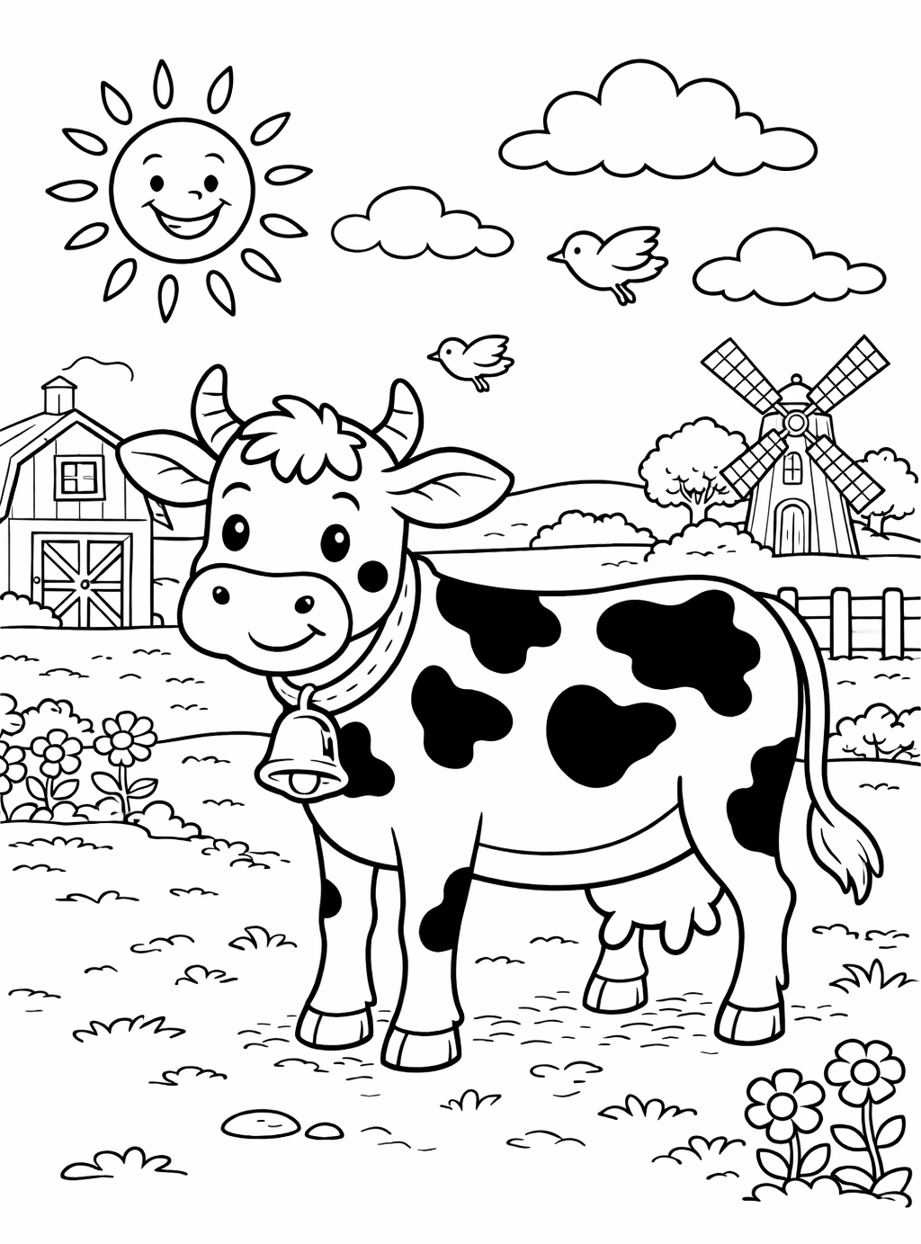 Kleurplaat Koe 2. Een blije koe met een bel om haar nek en een gevlekte vacht staat op de boerderij, met een molen en schuur…