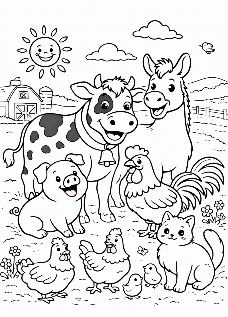 Kleurplaat van boerderijdieren samen op de boerderij
