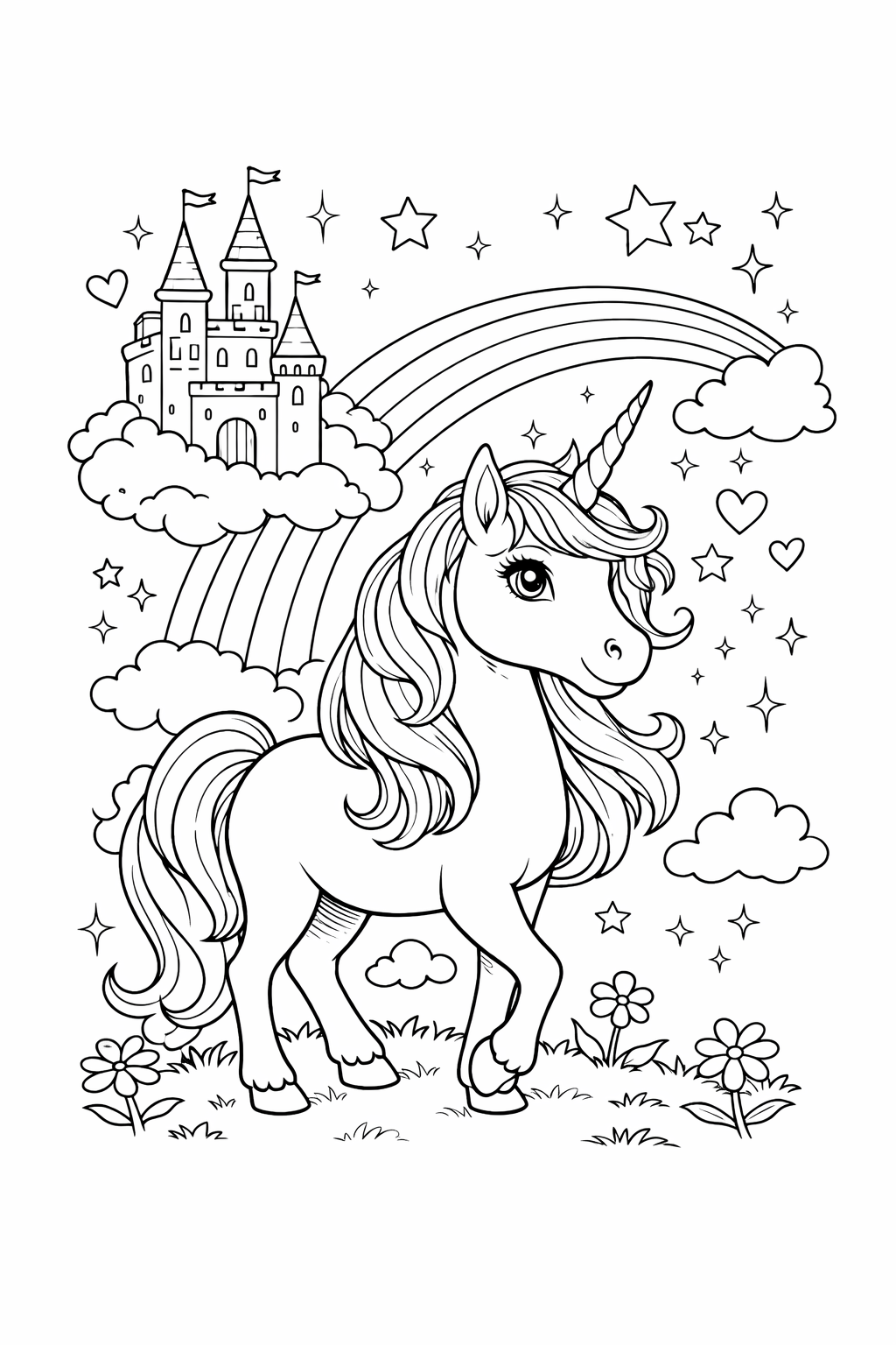 Kleurplaat unicorn kasteel en regenboog