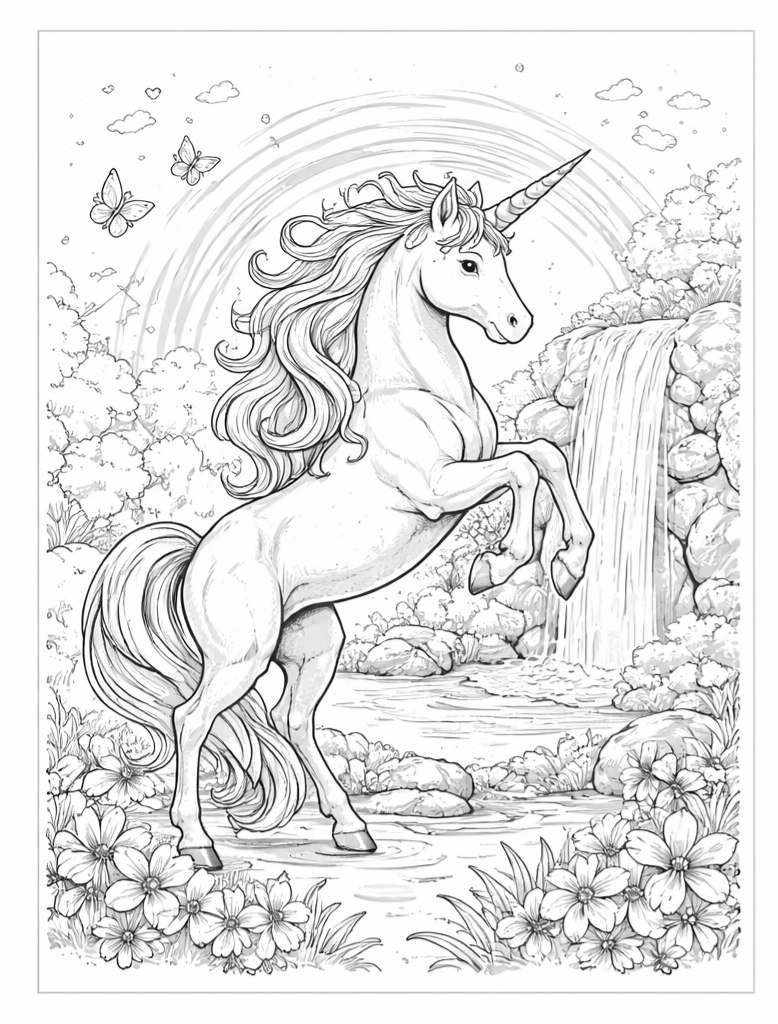 Kleurplaat unicorn waterval