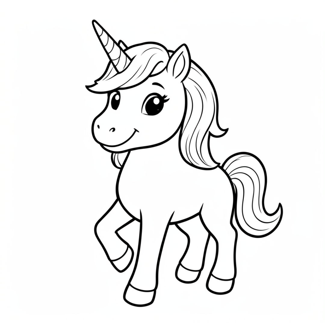 Kleurplaat Unicorn cartoon: Een vrolijke eenhoorn loopt met een opgeheven voorpoot over het papier, met een gedraaide hoorn…