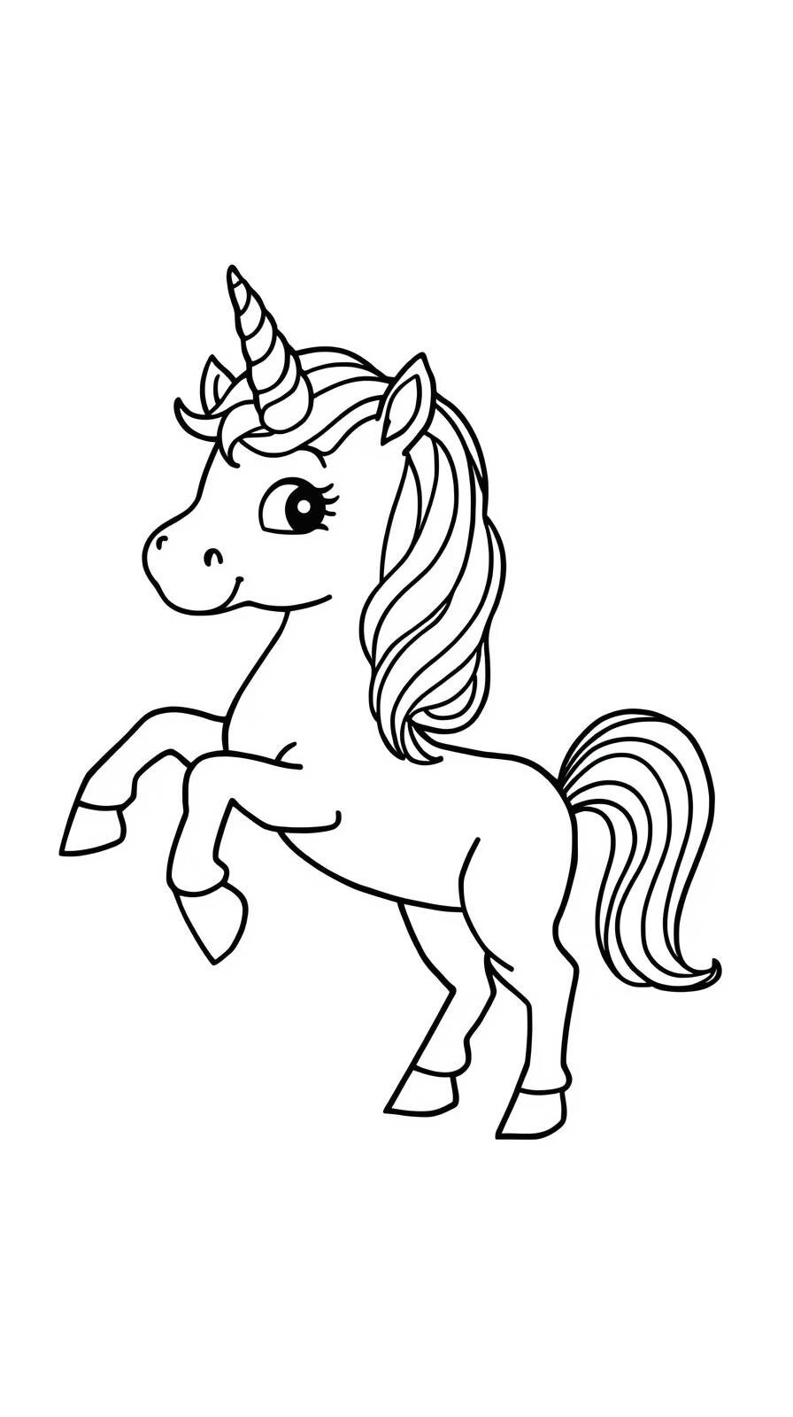 Gratis kleurplaat unicorn 13: Een speelse eenhoorn steigert vrolijk op haar achterbenen, met haar voorpoten hoog in de lucht…