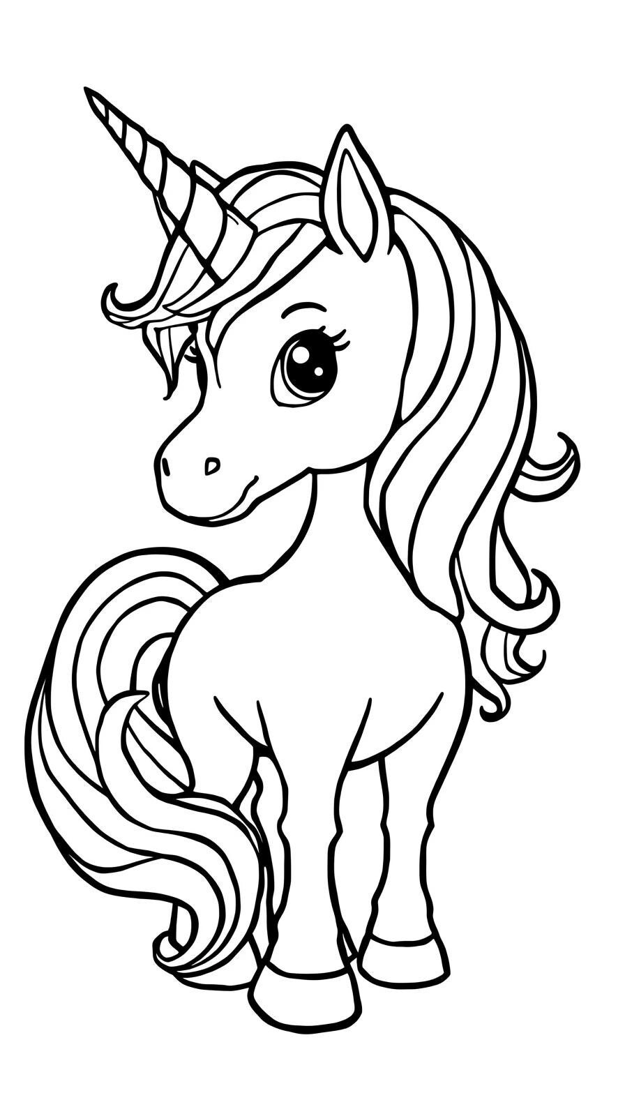 Kleurplaat Unicorn 14. Een eenhoorn in zij-aanzicht met een gestreepte, gedraaide hoorn en een weelderige, golvende manen…