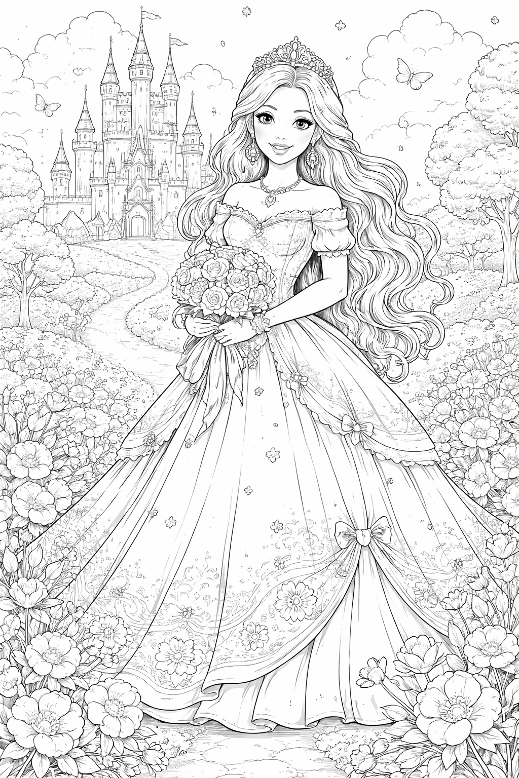 Kleurplaat van een prinses met bloemen voor een kasteel