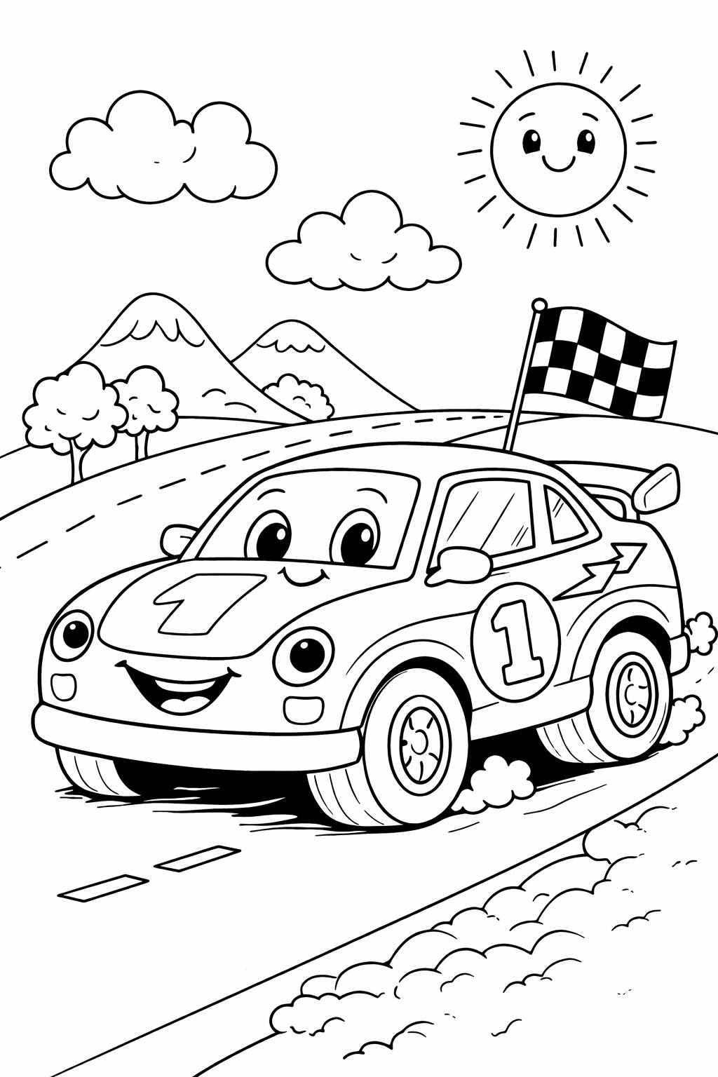Kleurplaat van een simpele raceauto met nummer 1