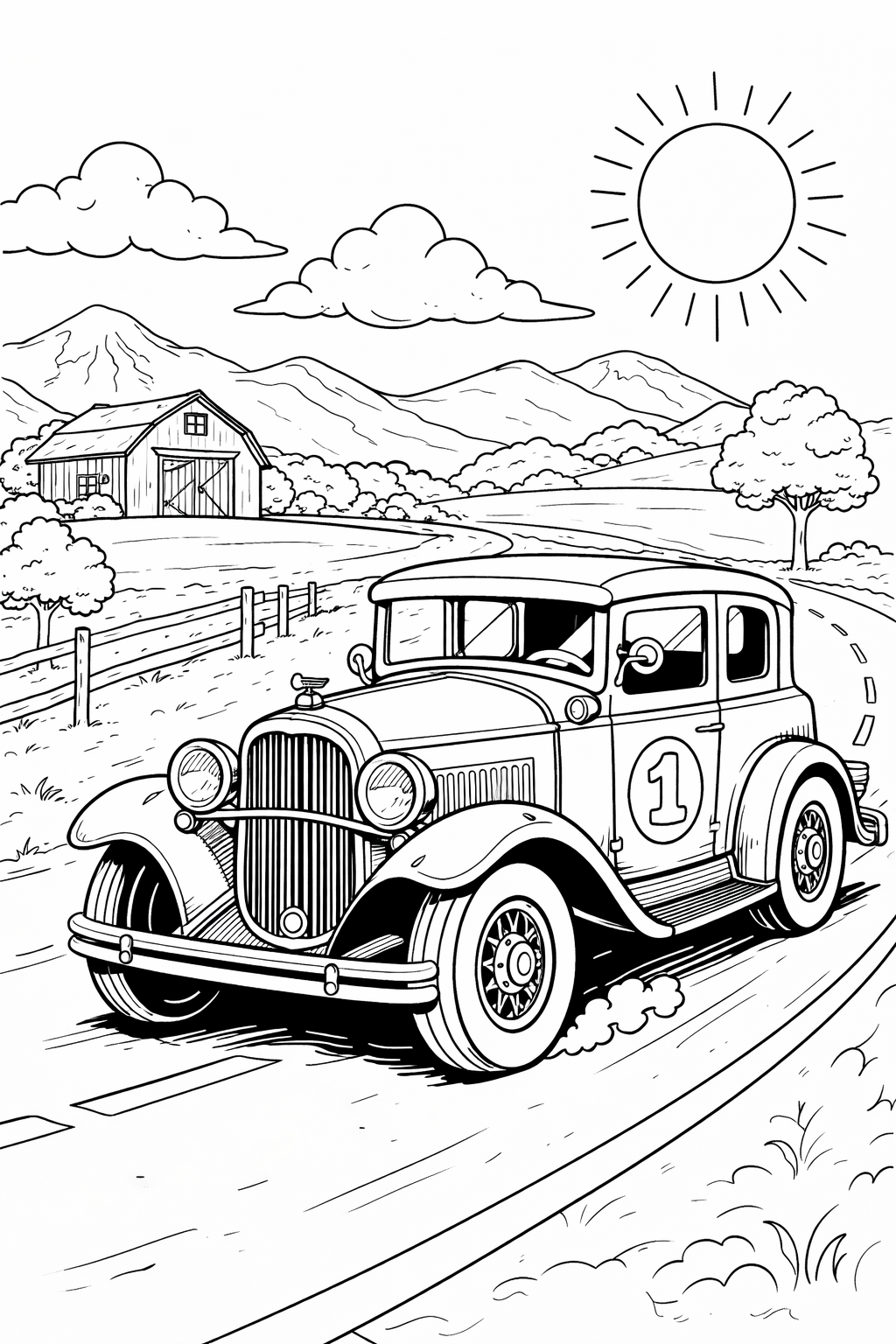 Kleurplaat van oldtimer auto: Een klassieke oldtimer uit de jaren 30 met een grote ronde grille en het cijfer 1 groot op de…