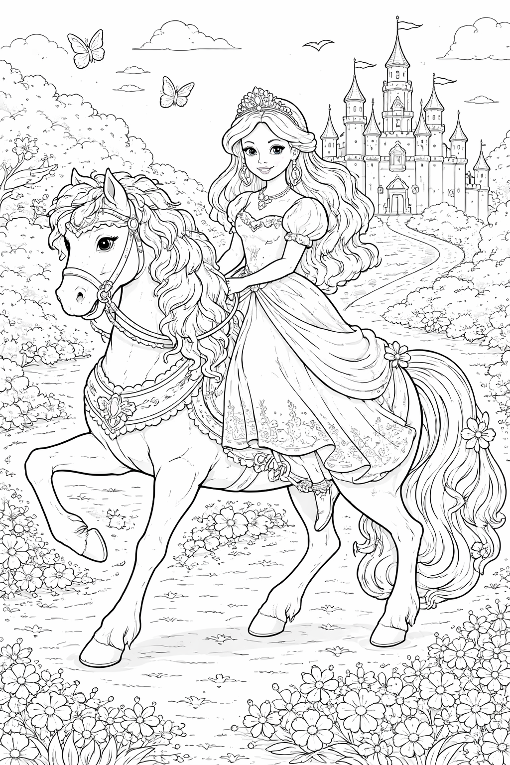 Kleurplaat van een prinses op een paard bij een kasteel