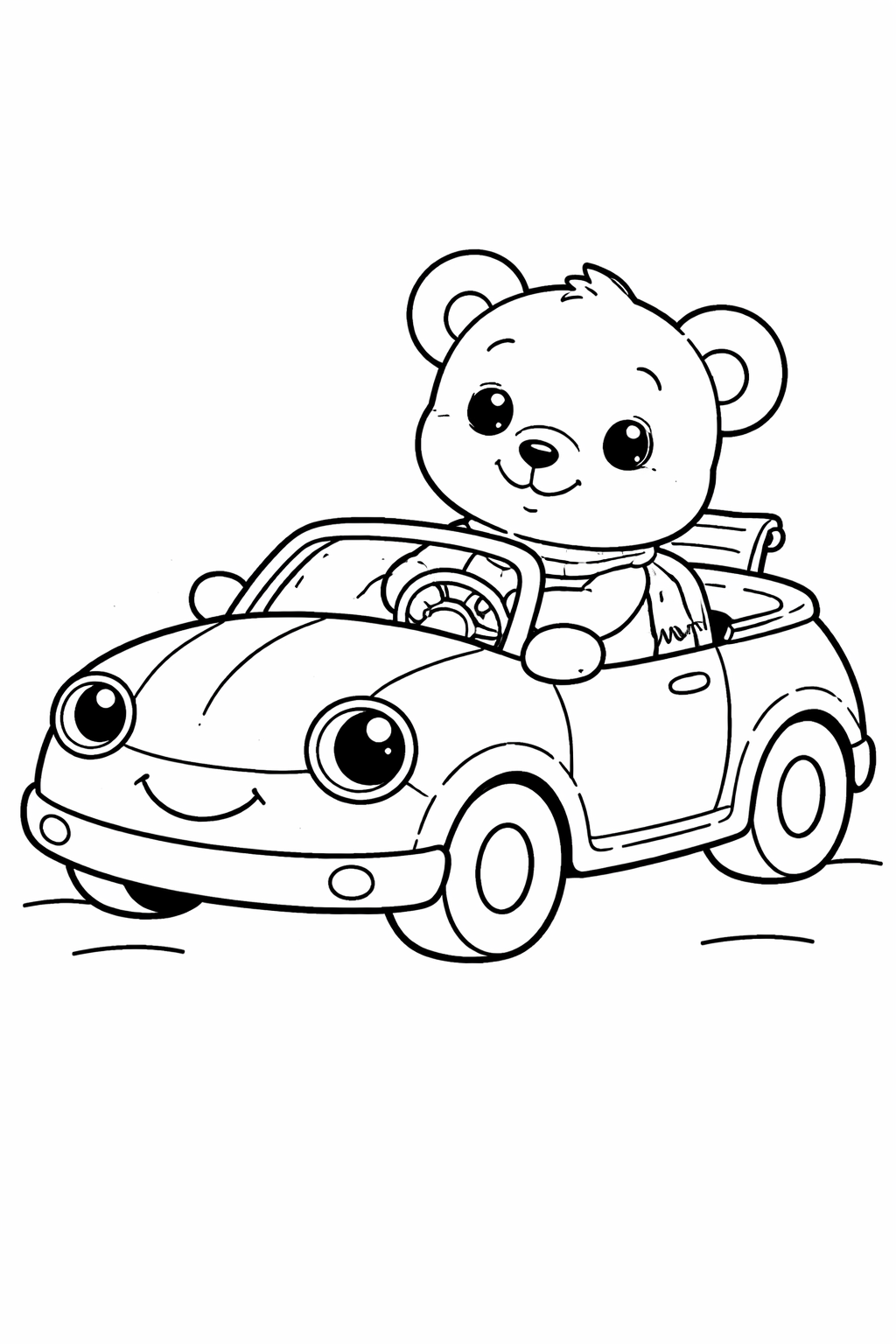 Kleurplaat van auto met beertje: Een knuffelig beertje met een sjaal om zit achter het stuur van een vrolijk…