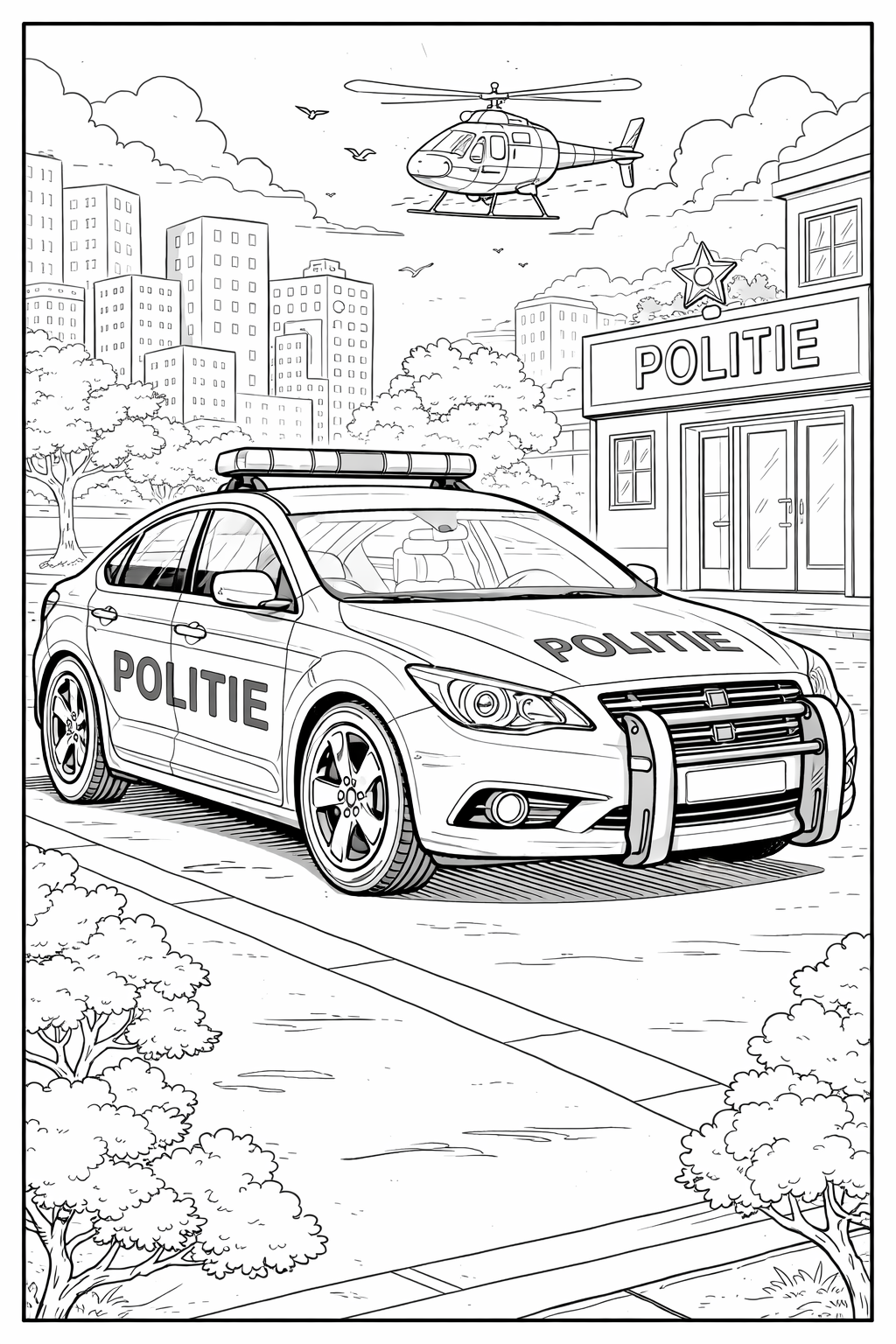 Kleurplaat van politieauto: Een politieauto met een zwaailicht op het dak en een stevige bullbar voorop staat geparkeerd…