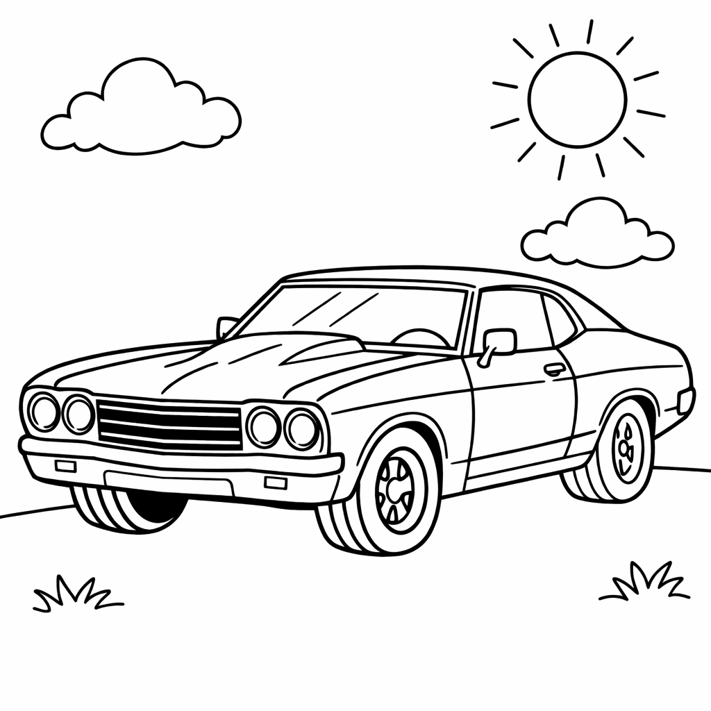 Kleurplaat Auto — Een klassieke Amerikaanse muscle car met vierkante koplampen, brede spaakwielen en gestroomlijnde lijnen…