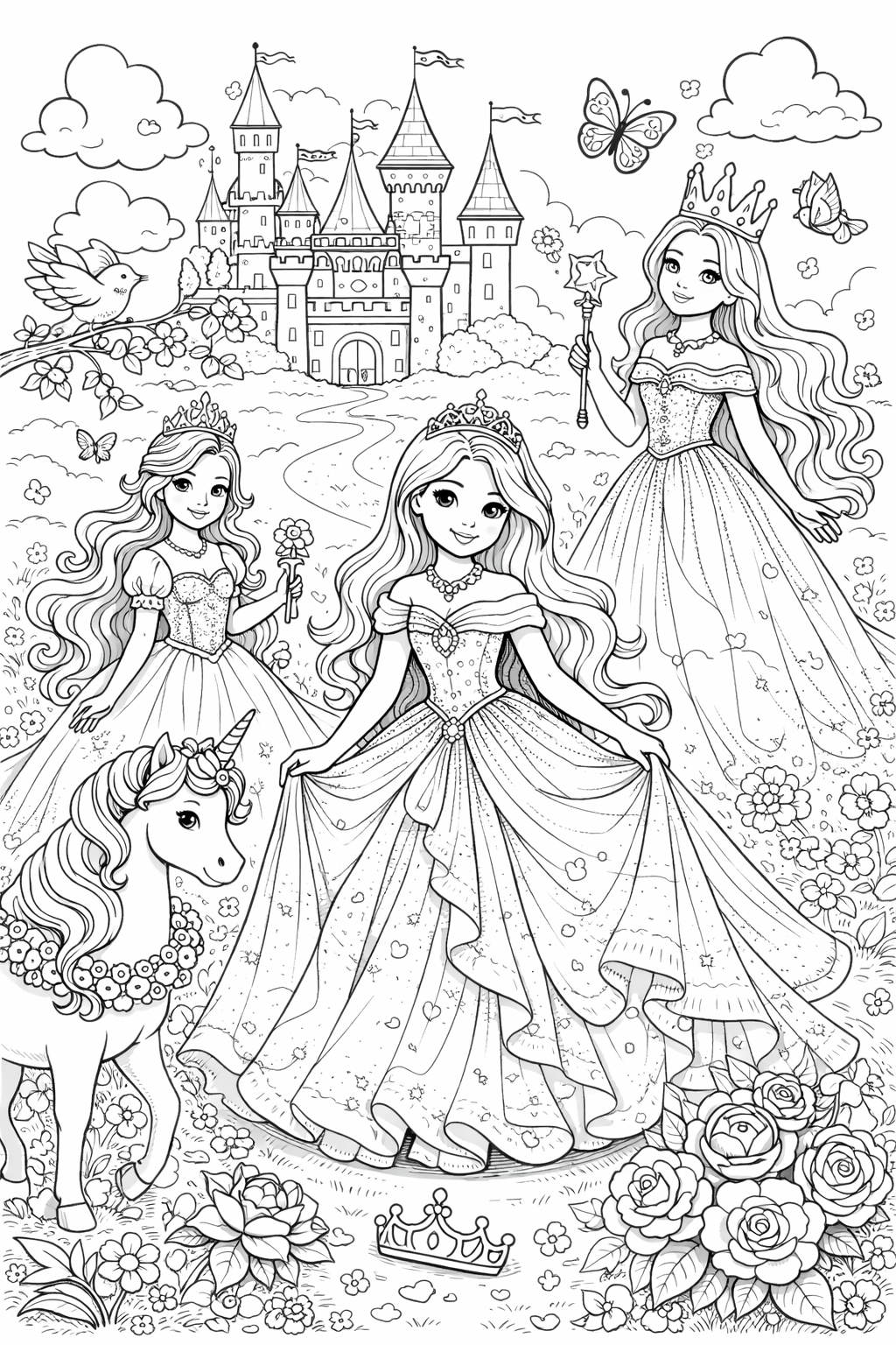 Kleurplaat van drie prinsessen met een eenhoorn bij een kasteel