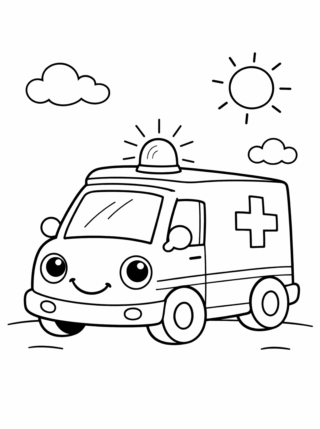 Kleurplaat Ambulance. Een kawaii-ambulance met een lachend gezicht op de neus rijdt onder een lachende zon, met een…