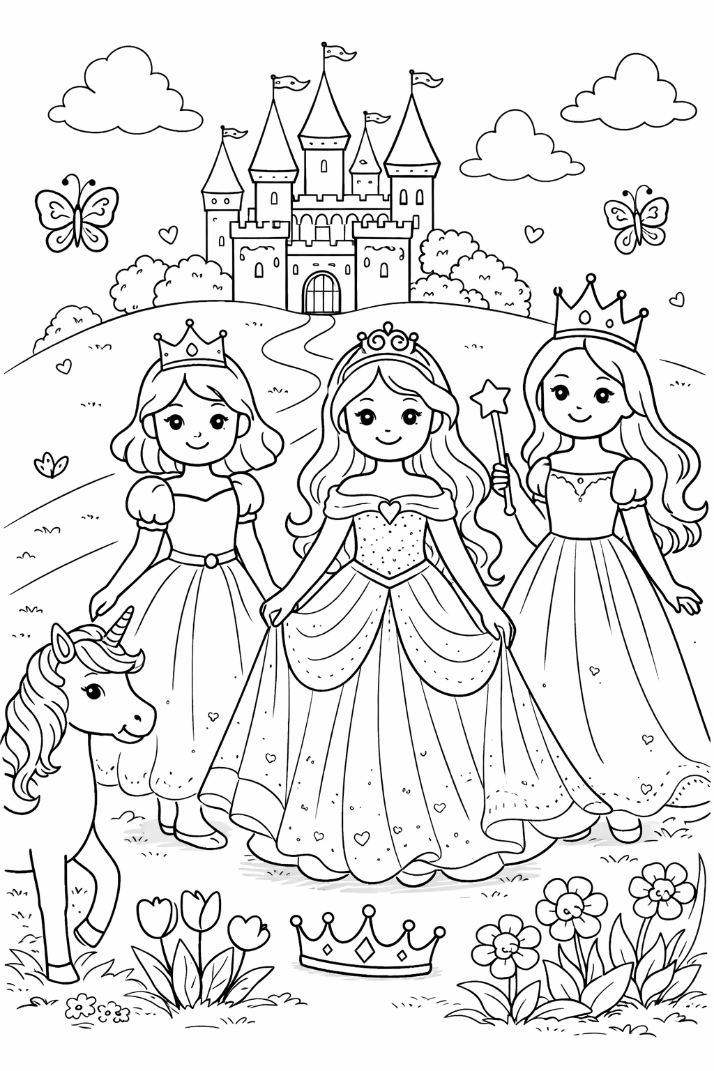 Kleurplaat van drie prinsessen met een eenhoorn bij een kasteel