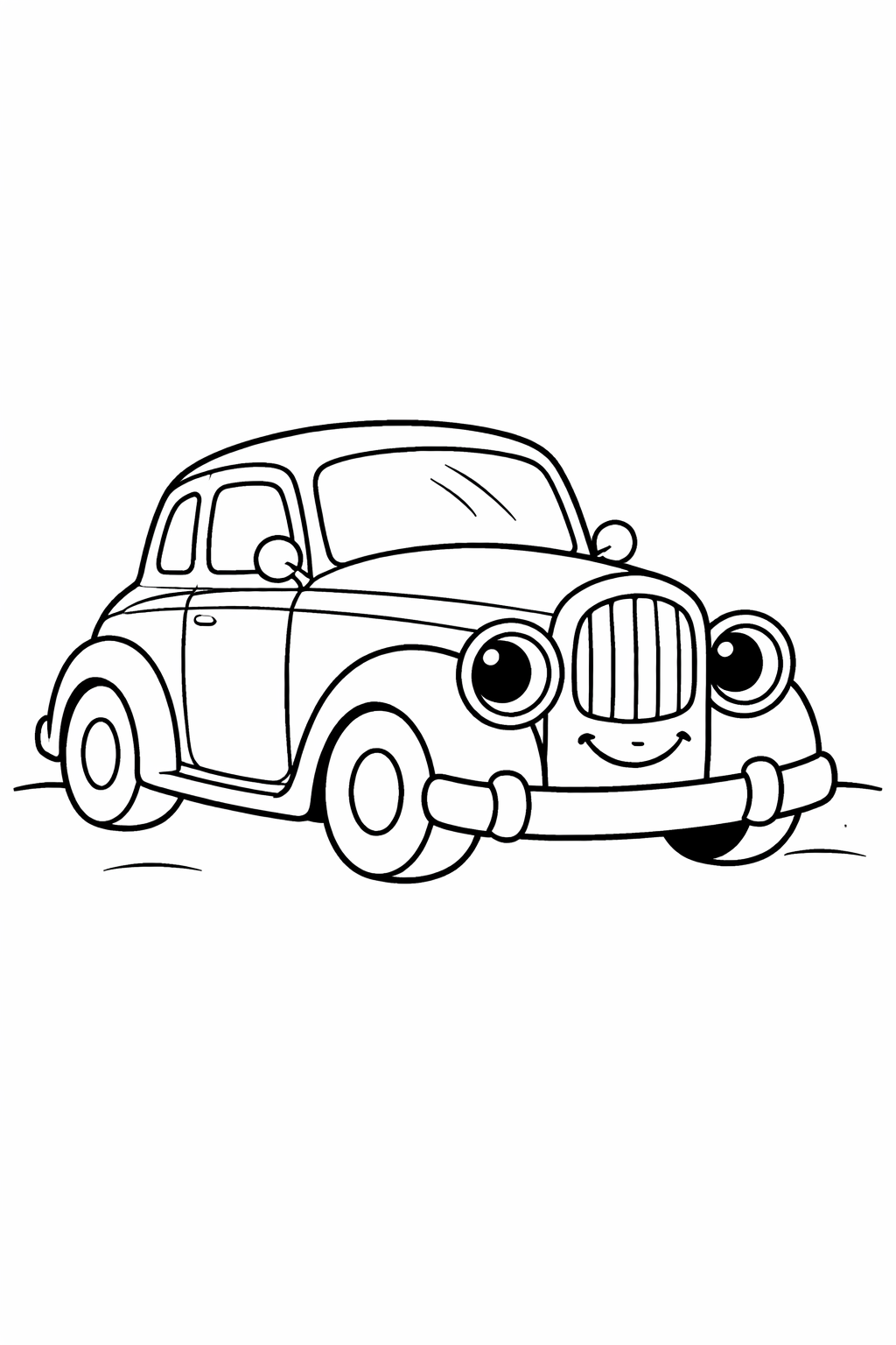Kleurplaat Oldtimer: Een kawaii-stijl klassieke oldtimer met een grote lachende grille en twee ronde koplamp-ogen kijkt je…