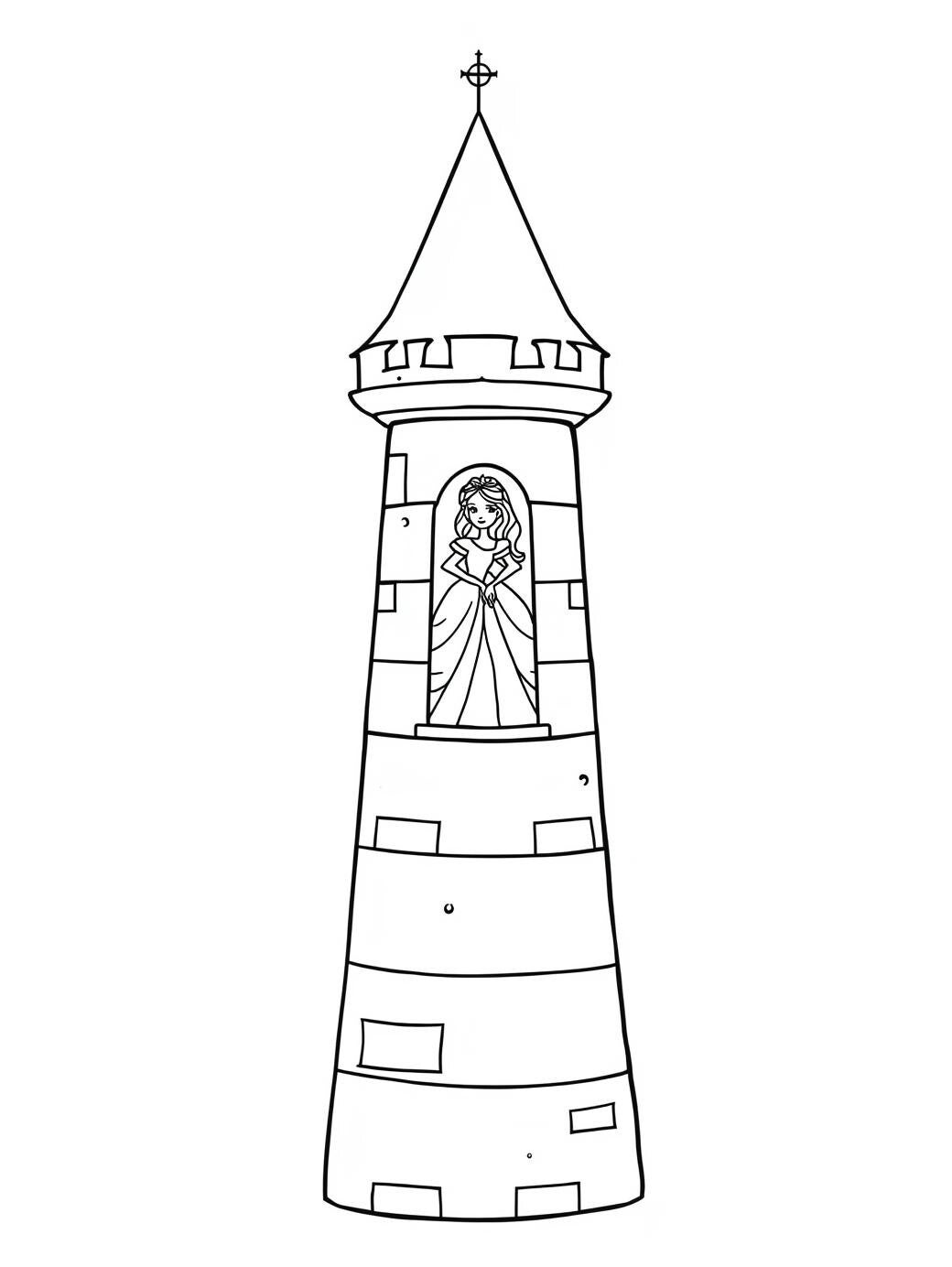 Kleurplaat van een prinses in een kasteeltoren