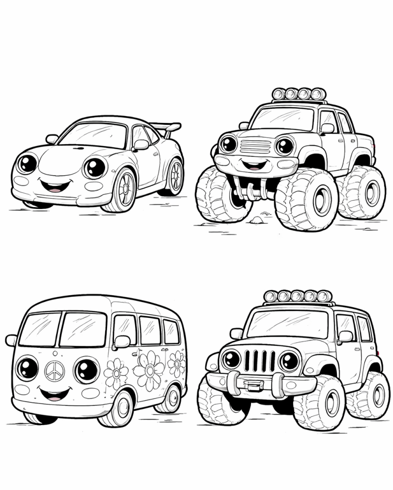 Kleurplaat vrolijke autos