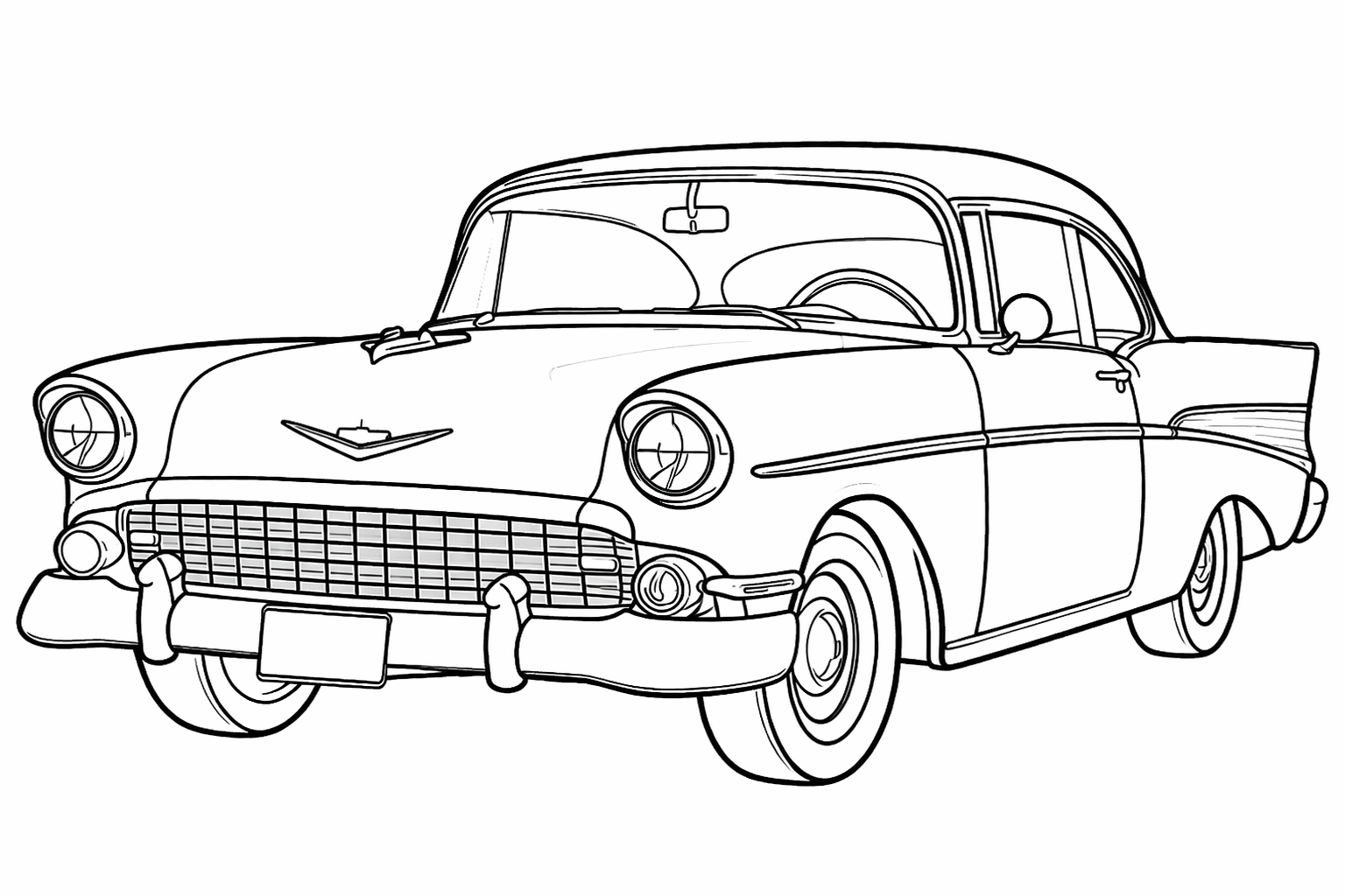 Kleurplaat Vintage Amerikaanse klassieker: Een statige jaren-50 Amerikaanse klassieker met ronde koplampen, een brede grille…