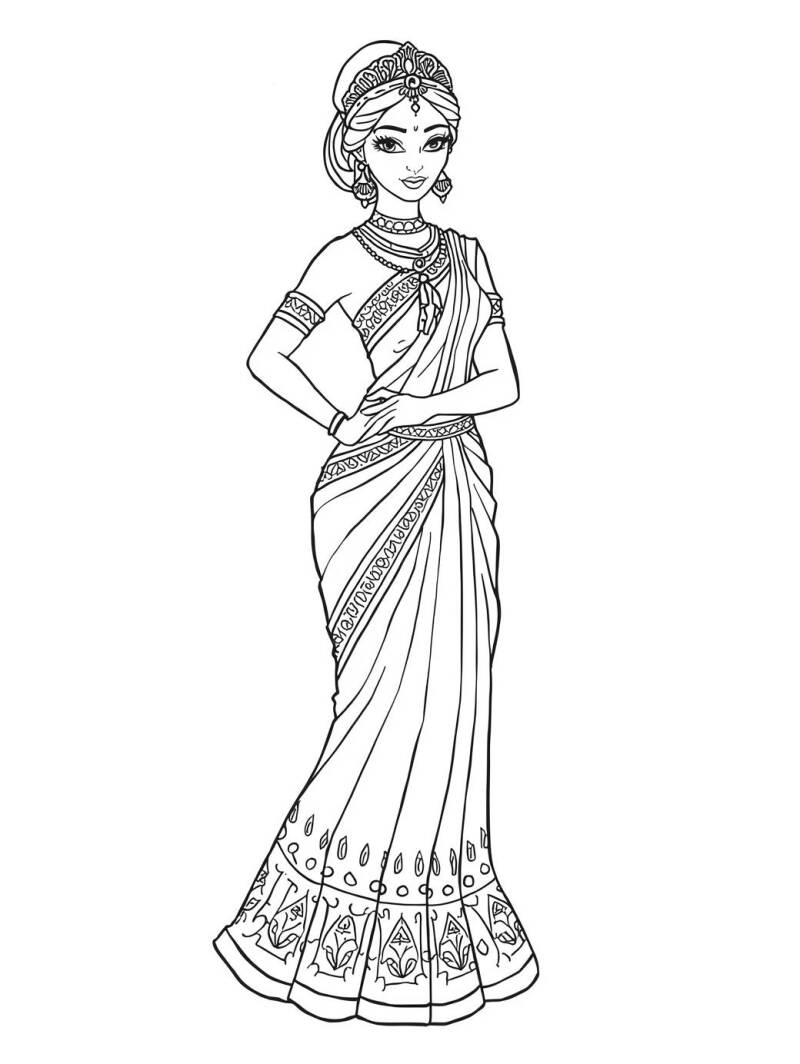 Kleurplaat van een Indiase prinses in traditionele sari