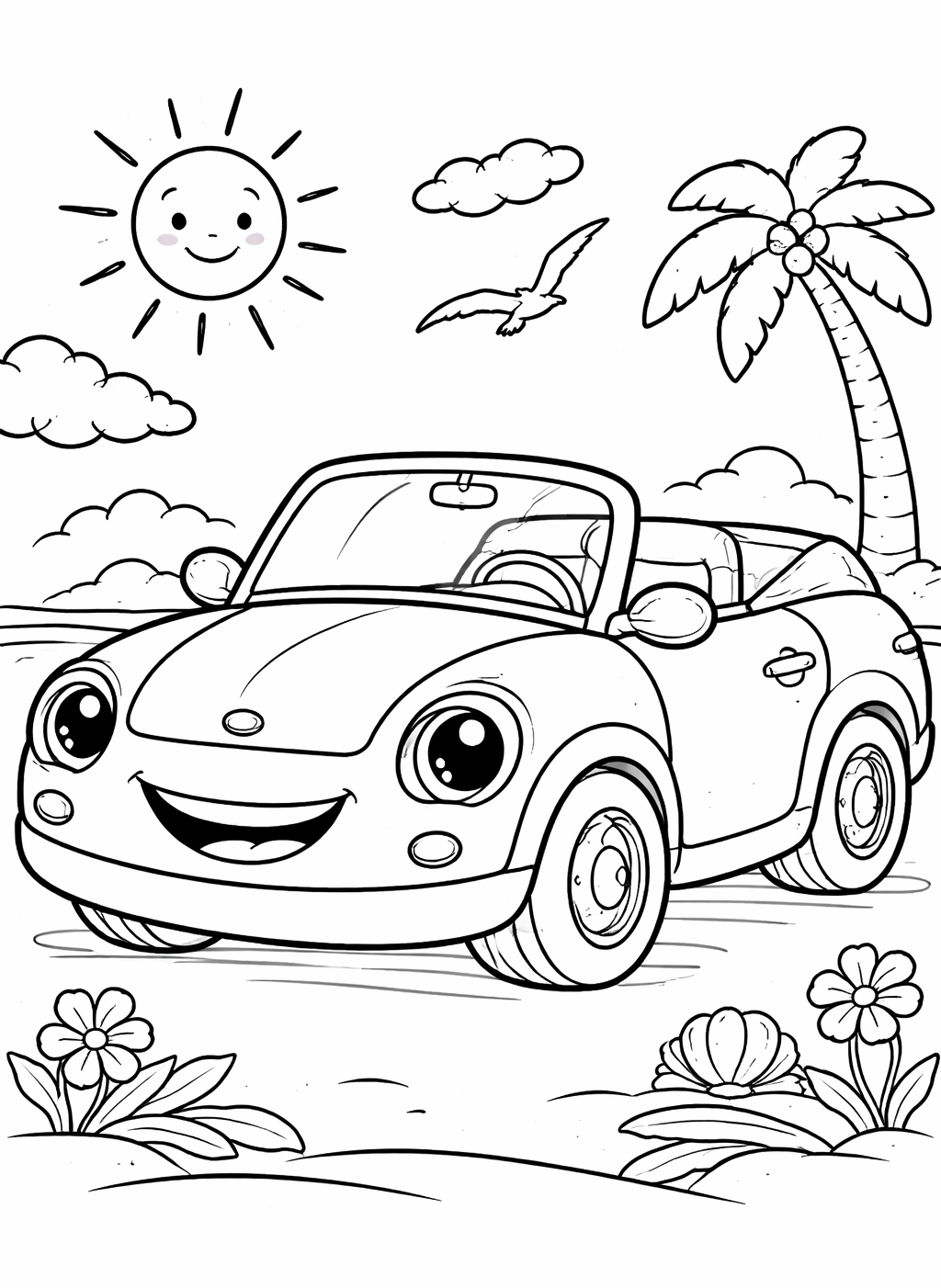 Kleurplaat van een cabrio bij het strand