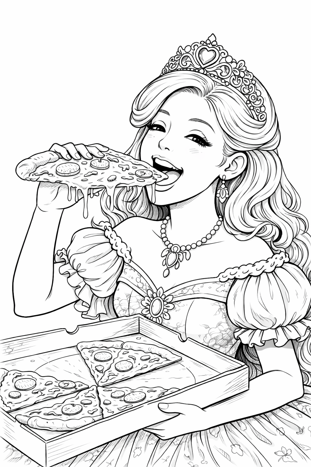 Kleurplaat van een prinses die pizza eet