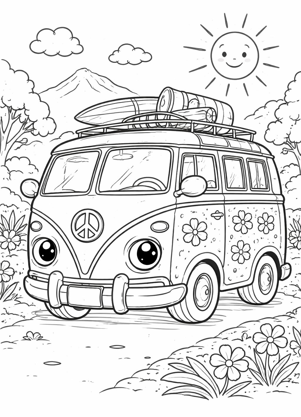 Kleurplaat Retro camper: Een vrolijke retro camperbus met grote kijkogen en een peace-teken op de neus rijdt over een…