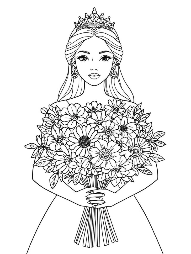 Kleurplaat van een prinses met een groot bloemenboeket