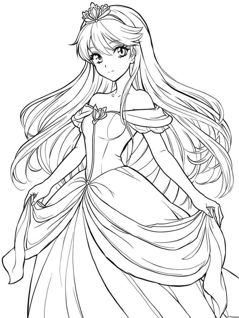 Kleurplaat van een animeprinses met een sjaal en kroontje