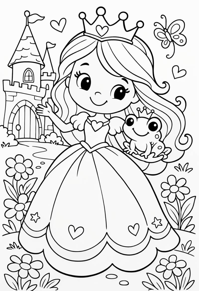 Kleurplaat van een prinses met een kikker bij een kasteel