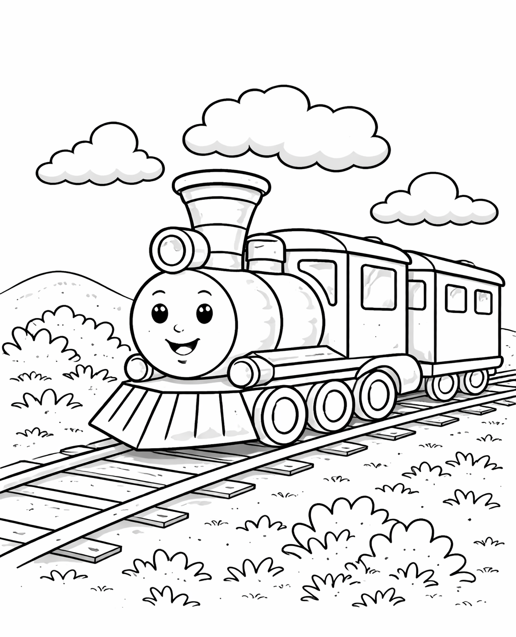 Gratis kleurplaat trein: Een vriendelijke stoomlocomotief met een lachend gezichtje en grote koplamp rijdt over de rails…